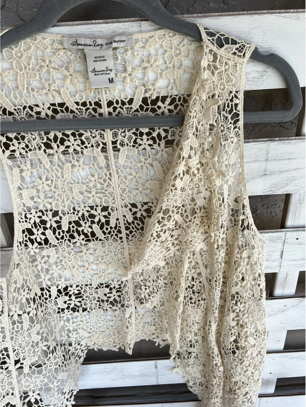 American Rag Cie Crochet Vest Top Natural Beige Floral Open Knit Size M